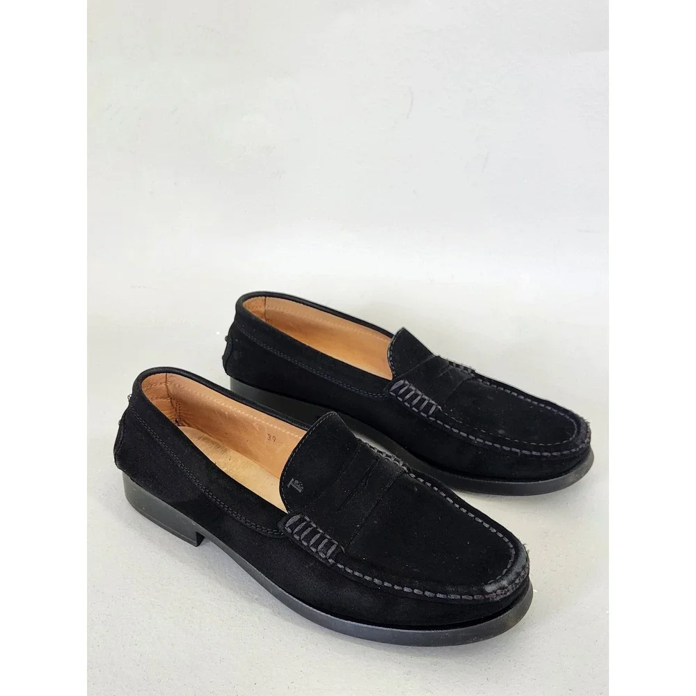 Tod's Penny Loafers Women EU 39 US 8.5 Black Suede Gomma Heel Italy Quiet Luxury